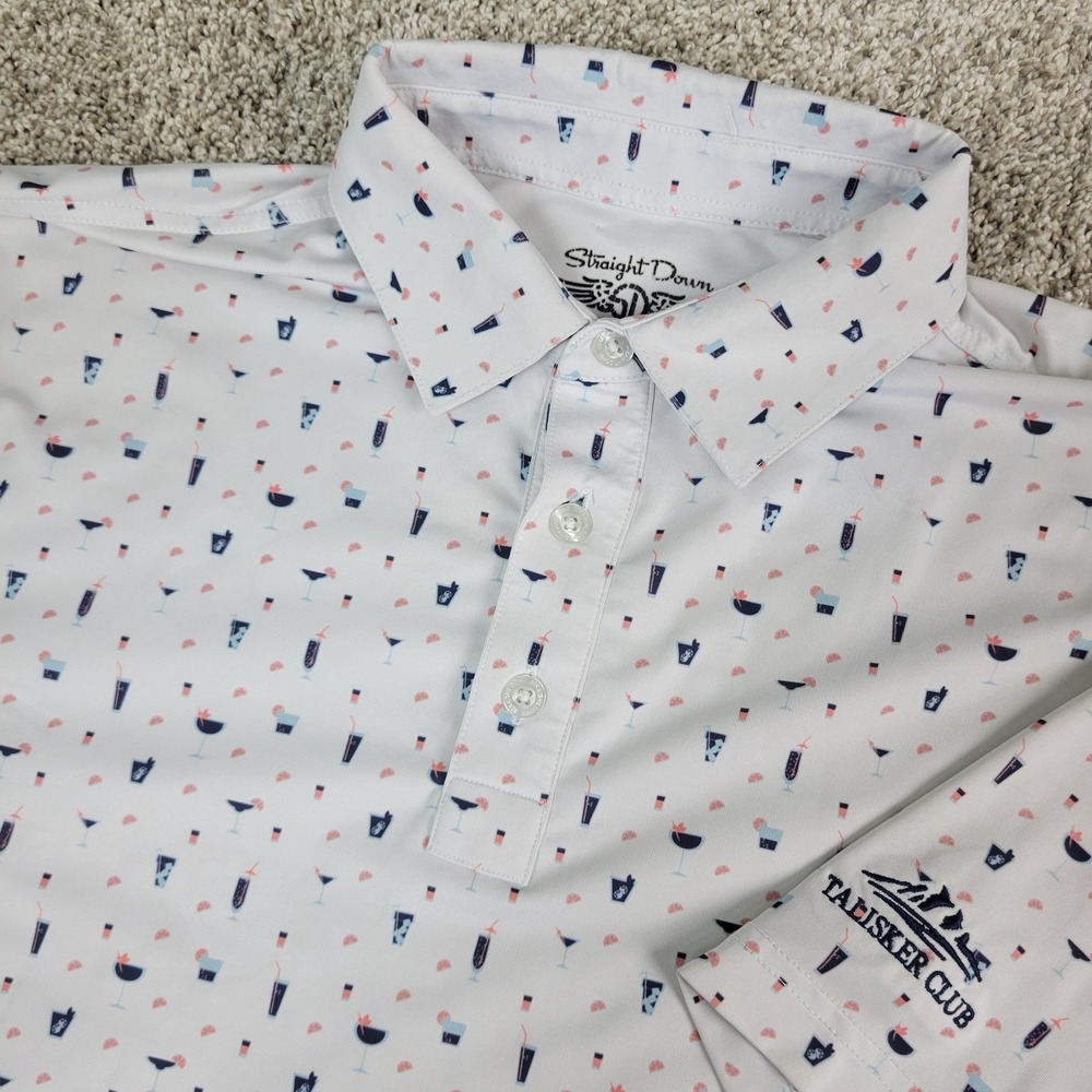 Straight Down Mens Medium White AOP Cocktails Performance Stretch Golf Polo SS